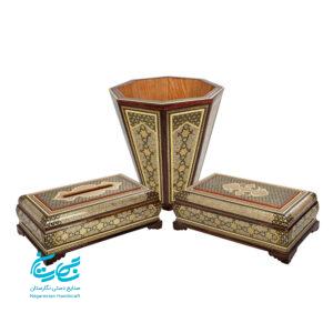 ست جعبه دستمال کاغذی و سطل و جا کاردی خاتم کاری نفیس