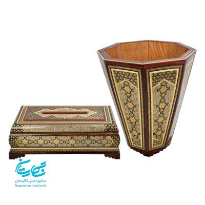 ست جعبه دستمال کاغذی و سطل خاتم کاری اعلا
